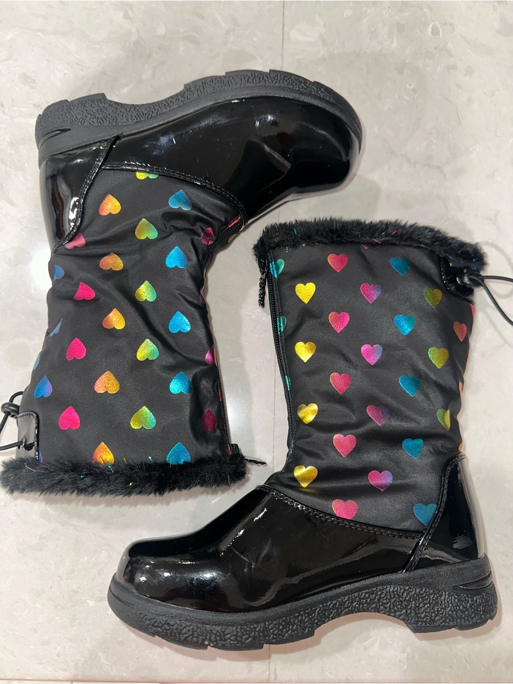 Girls size 1  Winter Boots with black with rainbow shiny Heart Print